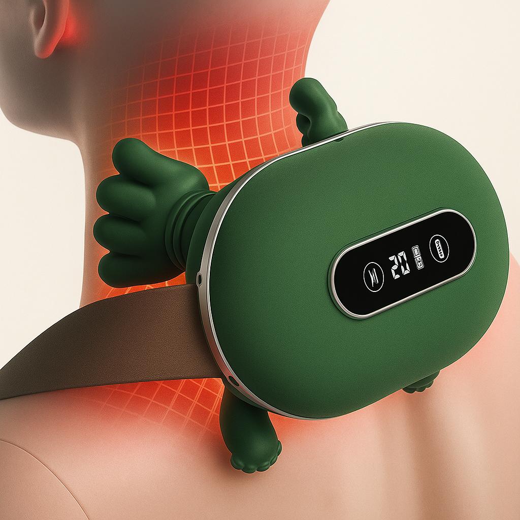 Person using neck massager for pain relief at home