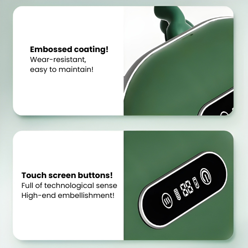 Green electronic device with embossed coating and touch screen buttons on a light gray background