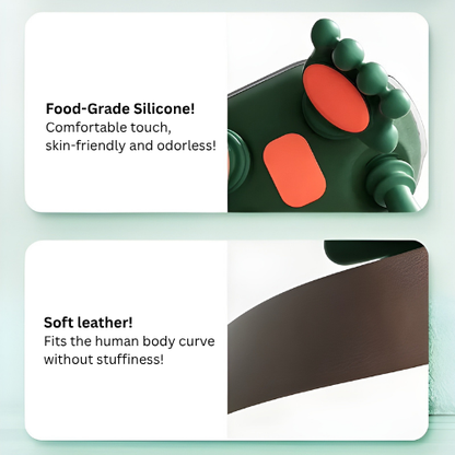 Product features with text about food-grade silicone and soft leather on a light green background.