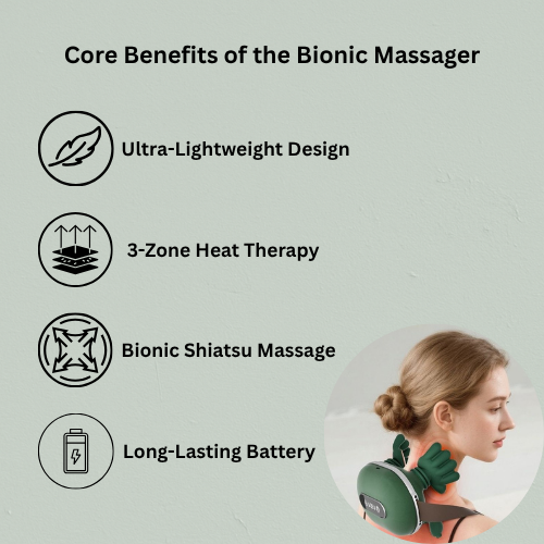 Neck Massager with core benefits listed on a light gray background
